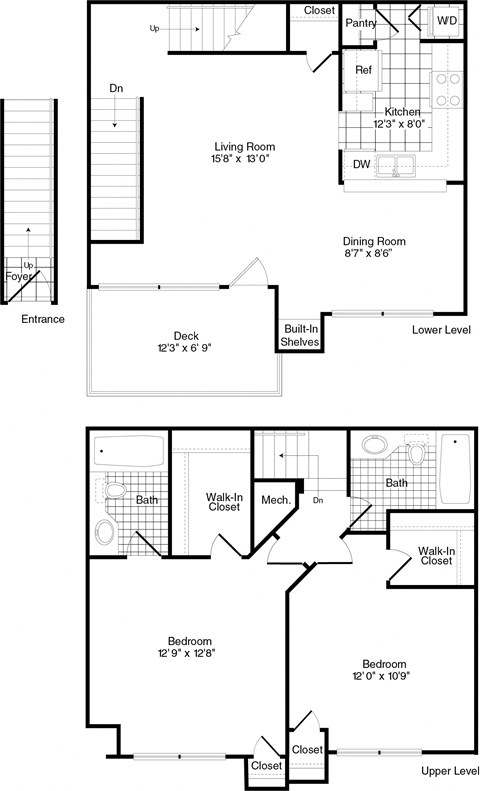 A floor plan of a house with two bedrooms, a living room, a dining room, a kitchen, and an entrance.
